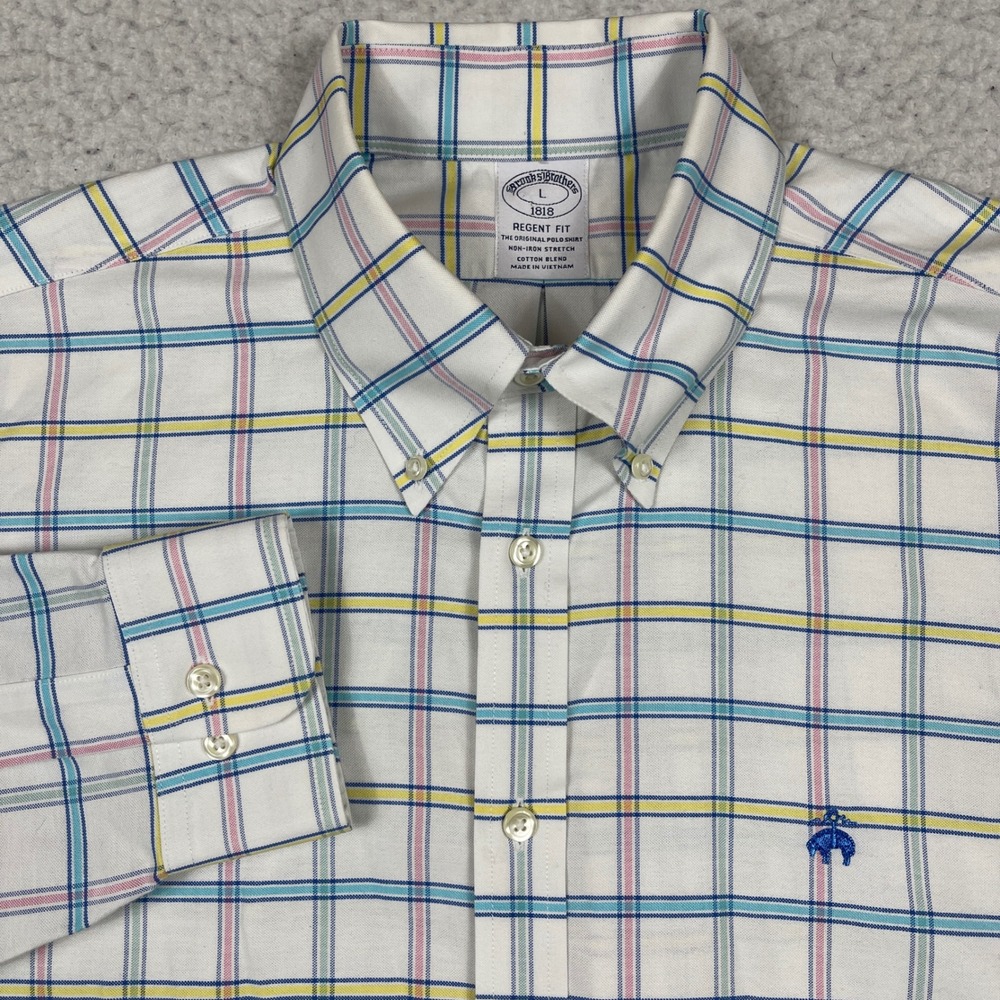 Brooks Brothers Button Down Shirt Mens L White Regent Fit Non Iron Plaid Preppy